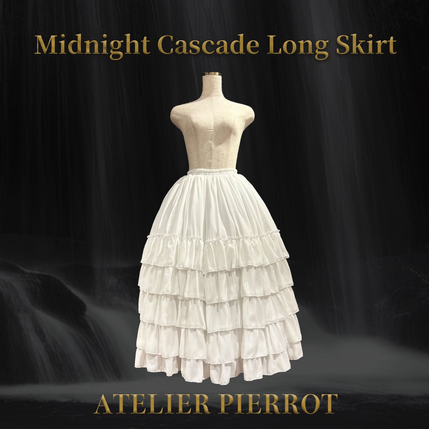 【ATELIER PIERROT】 Midnight Cascade Long Skirt White/Bordeaux/Black