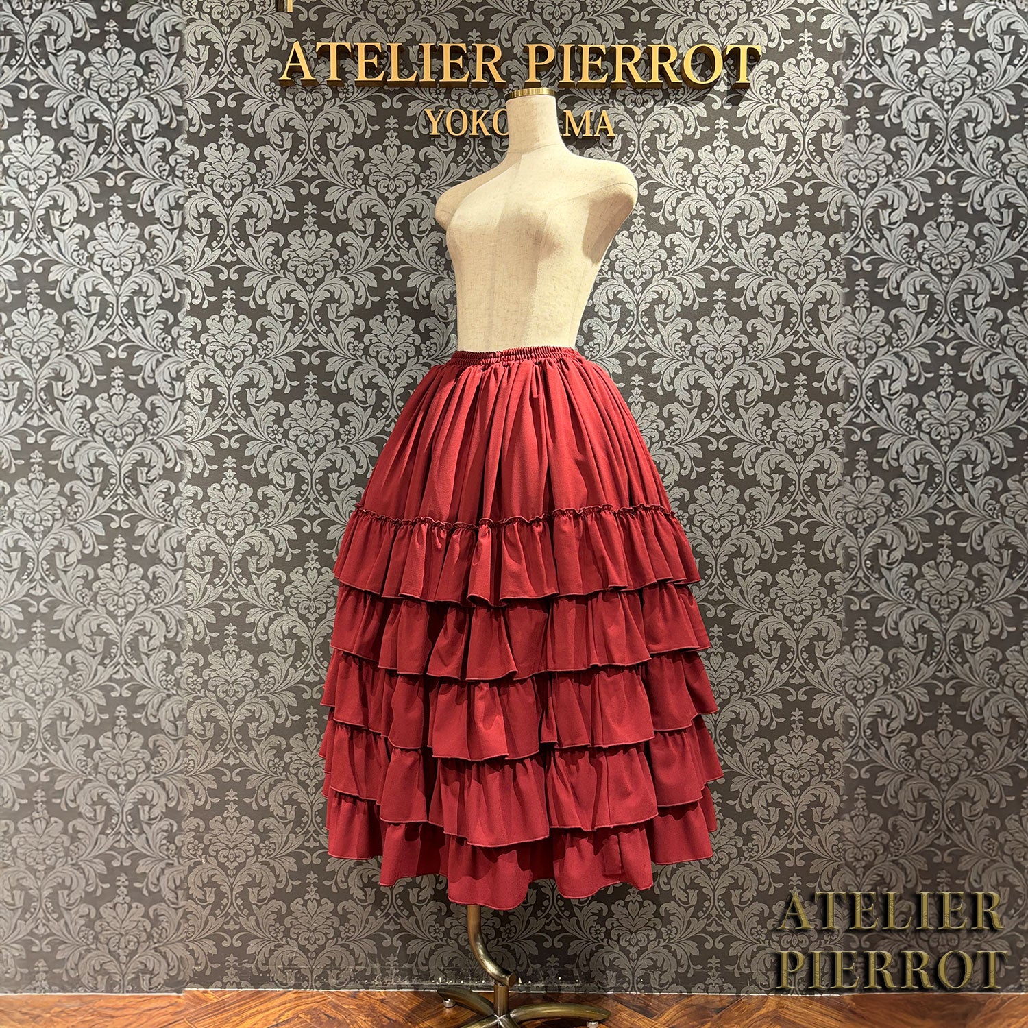 【ATELIER PIERROT】 Midnight Cascade Long Skirt White/Bordeaux/Black