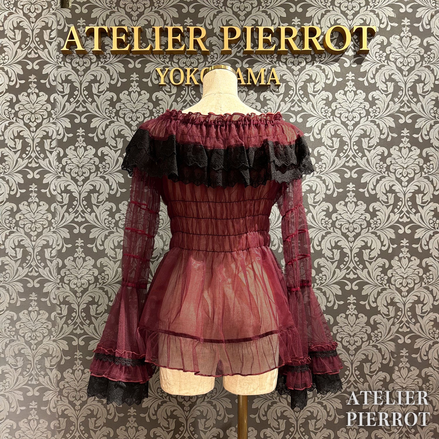 【ATELIER PIERROT】 Sheer Off-Shoulder Shirring Blouse ホワイト/ピンク/グレー/ボルドー/パープル/ブラック