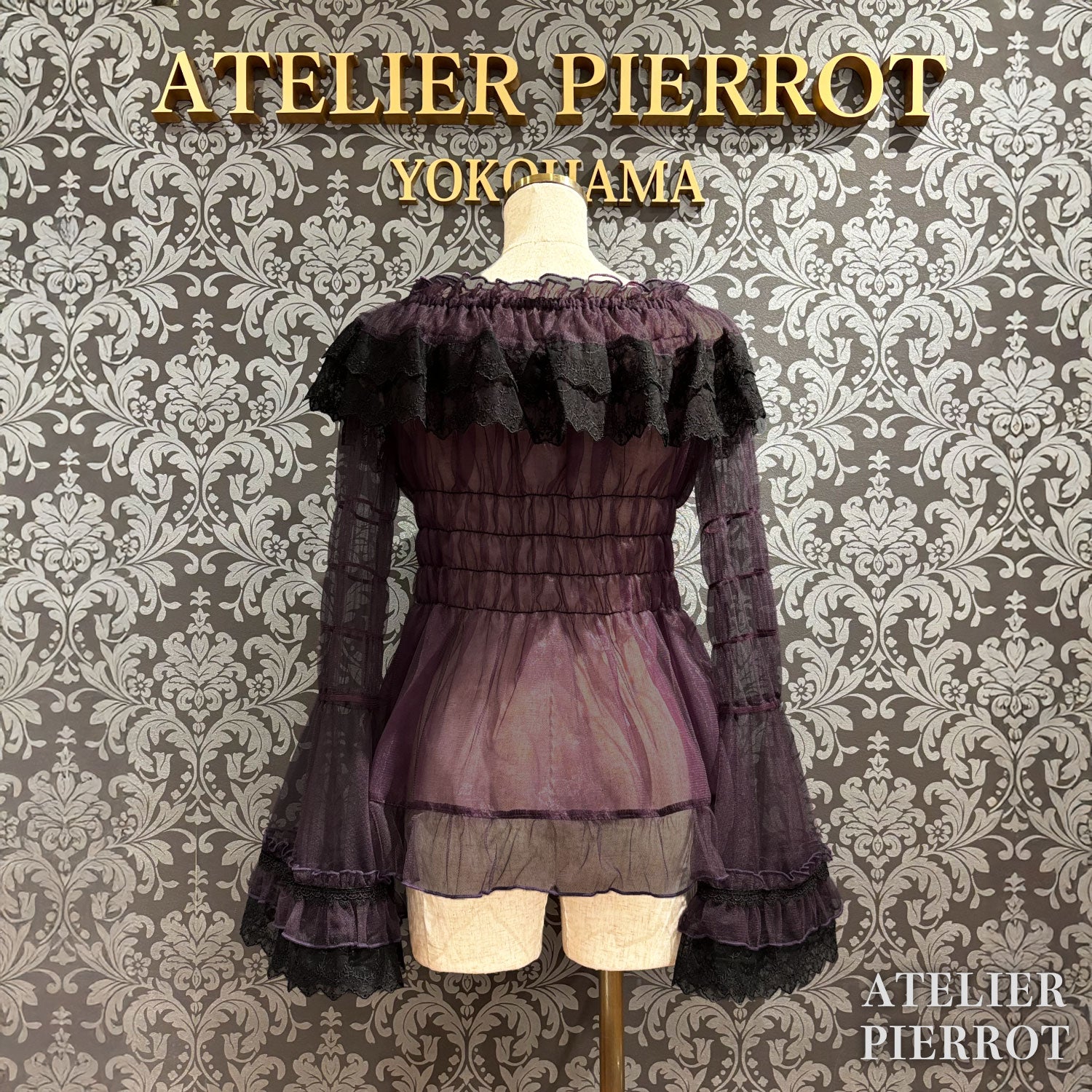 【ATELIER PIERROT】 Sheer Off-Shoulder Shirring Blouse ホワイト/ピンク/グレー/ボルドー/パープル/ブラック