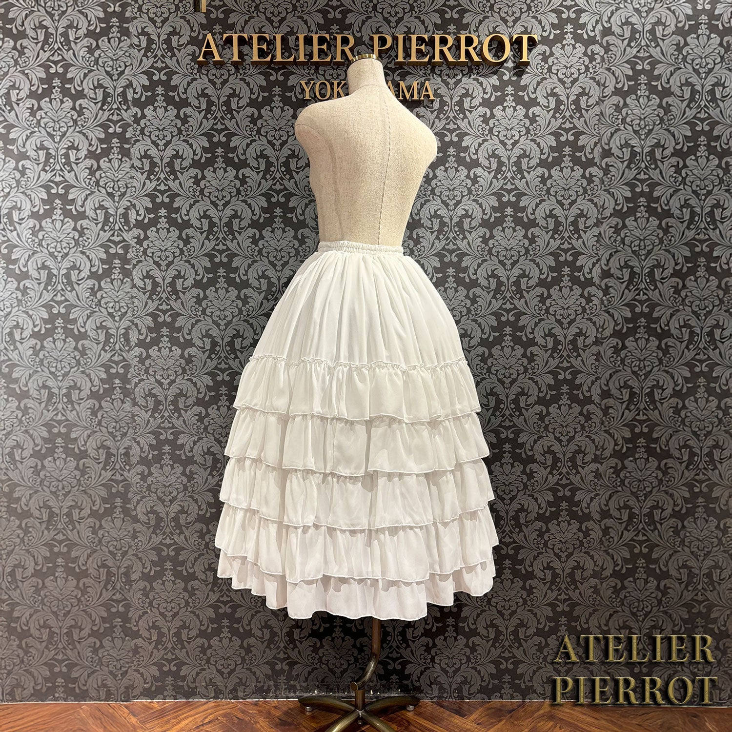 【ATELIER PIERROT】 Midnight Cascade Long Skirt White/Bordeaux/Black