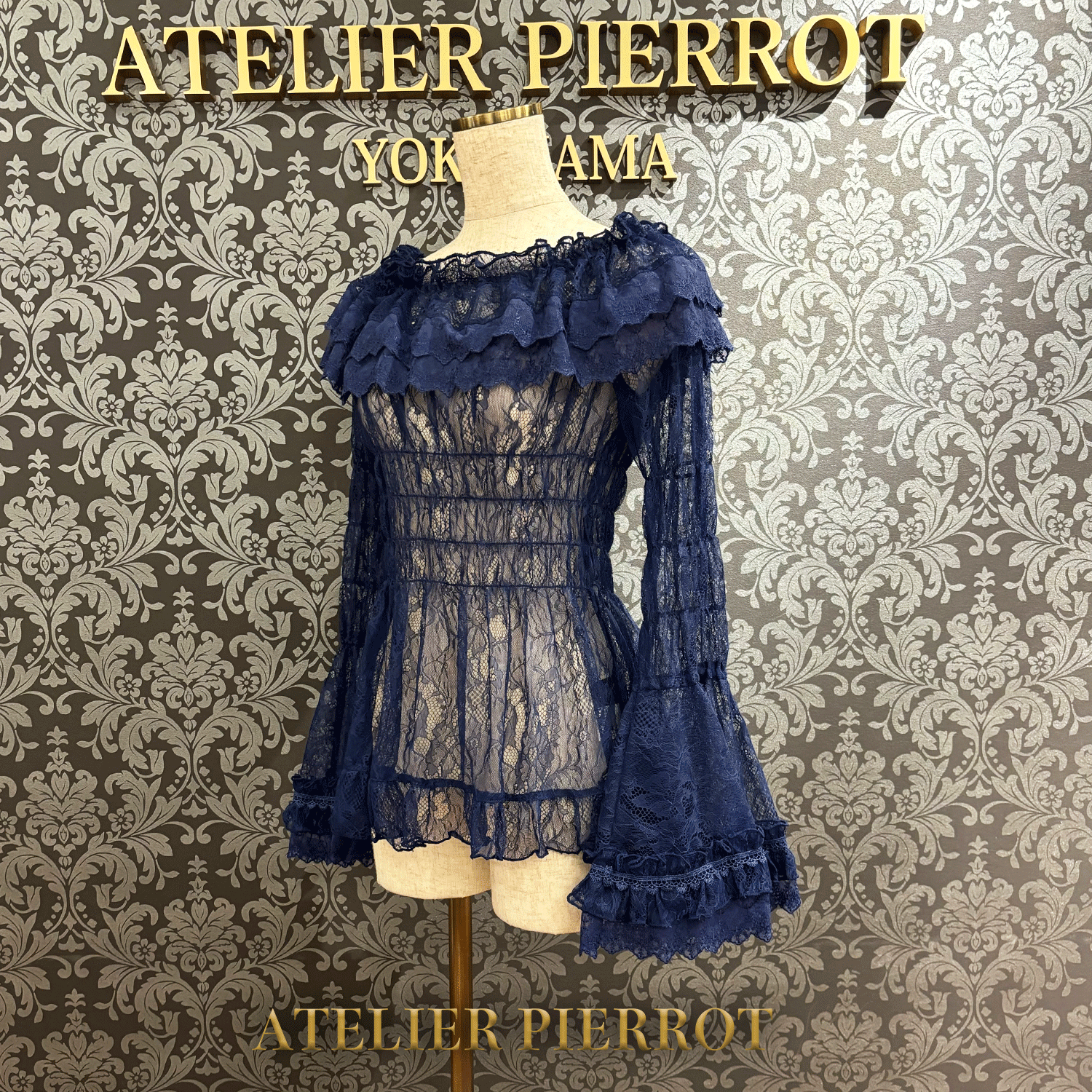 【ATELIER PIERROT】 Shirring princess sleeve blouse-Lace- White/Ivory/Bordeaux/Navy/ Black