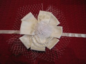 【MARBLE】マーブル リボン重ねパール付きバラボンネット:白ストライプ×白ネット×白パール