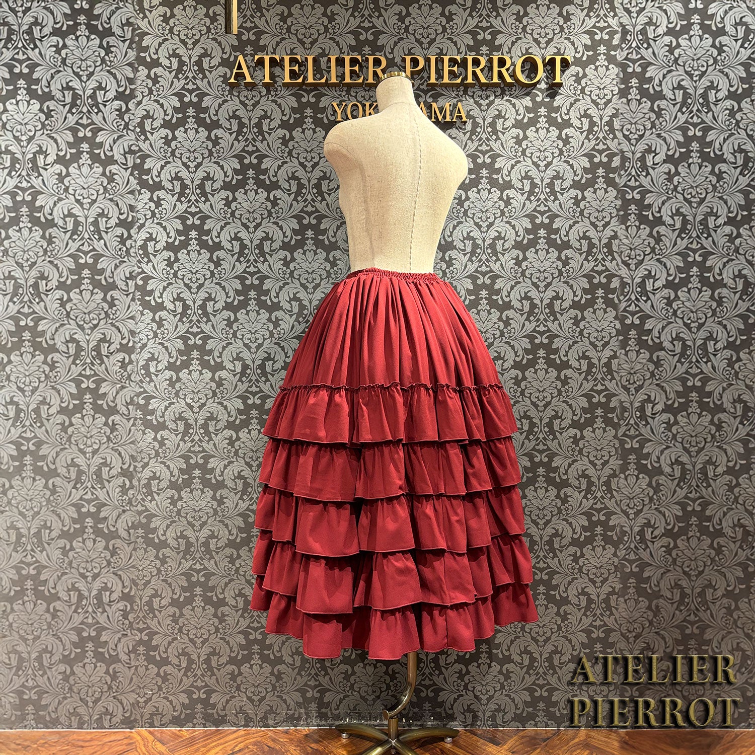 【ATELIER PIERROT】 Midnight Cascade Long Skirt White/Bordeaux/Black