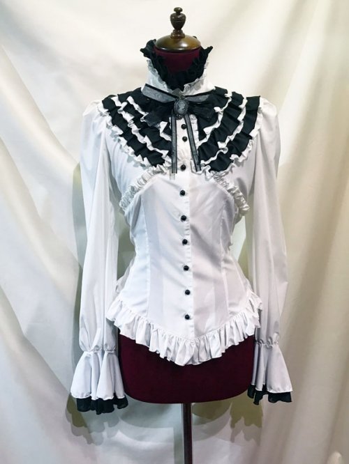 【MARBLE】マーブル クラシカルカメオ付きエレガンスブラウス:白黒 L size