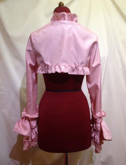 【MARBLE】マーブル リボンアクセサリー付きロマンティックボレロ:ピンクシャンタン×ピンク白刺繍ストライプフリル