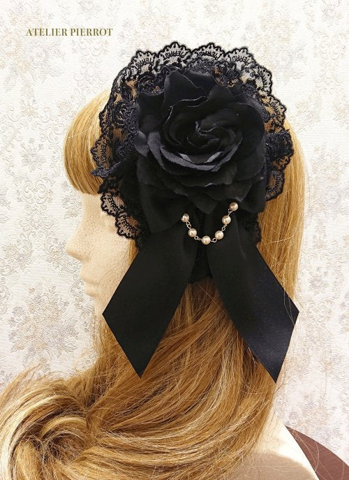 【ATELIER PIERROT】アトリエピエロ 薔薇レースカチューシャ 黒×黒薔薇