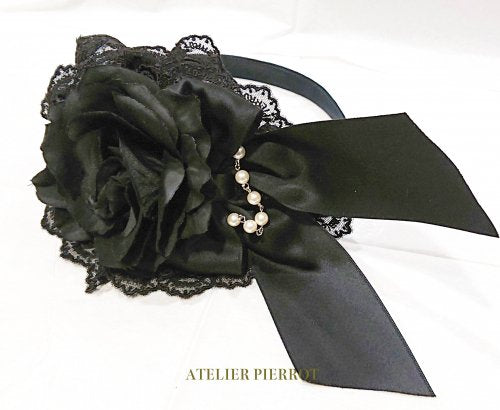 【ATELIER PIERROT】アトリエピエロ 薔薇レースカチューシャ 黒×黒薔薇