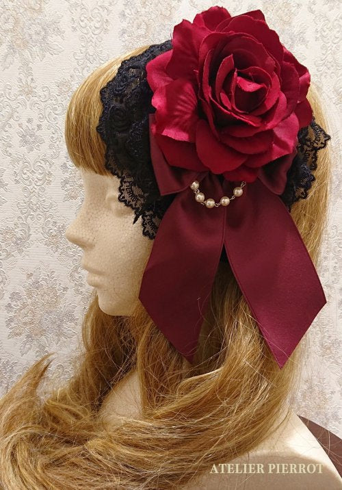 【ATELIER PIERROT】アトリエピエロ 薔薇レースカチューシャ 黒×赤薔薇