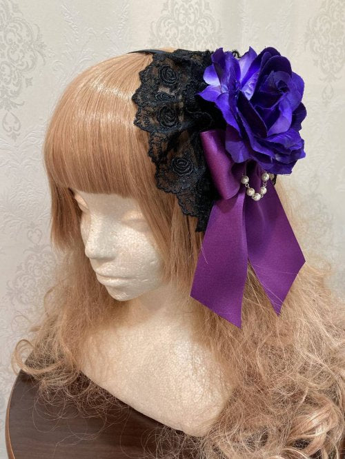 【ATELIER PIERROT】アトリエピエロ 薔薇レースカチューシャ 黒×紫薔薇