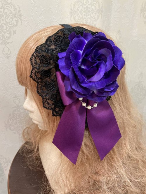 【ATELIER PIERROT】アトリエピエロ 薔薇レースカチューシャ 黒×紫薔薇