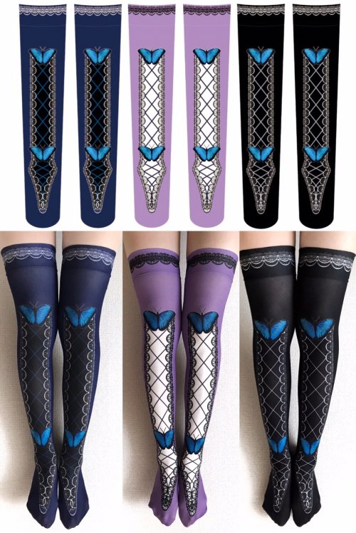 【Morun×Muuna Stoik】Morpho butterfly オーバーニーソックス color: Black/Purple/Navy
