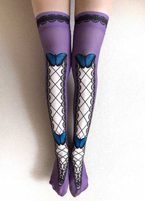 【Morun×Muuna Stoik】Morpho butterfly オーバーニーソックス color: Black/Purple/Navy