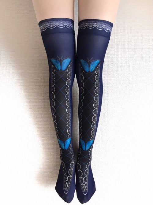 【Morun×Muuna Stoik】Morpho butterfly オーバーニーソックス color: Black/Purple/Navy