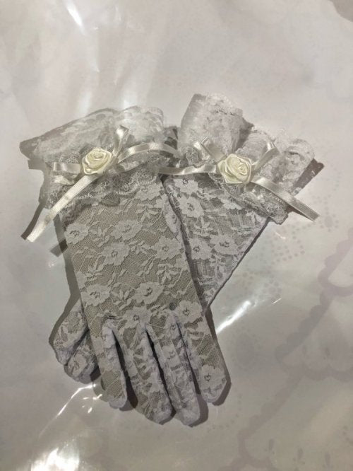 【MARBLE】マーブル モチーフ付き花柄レース地ショート手袋:白×白バラ