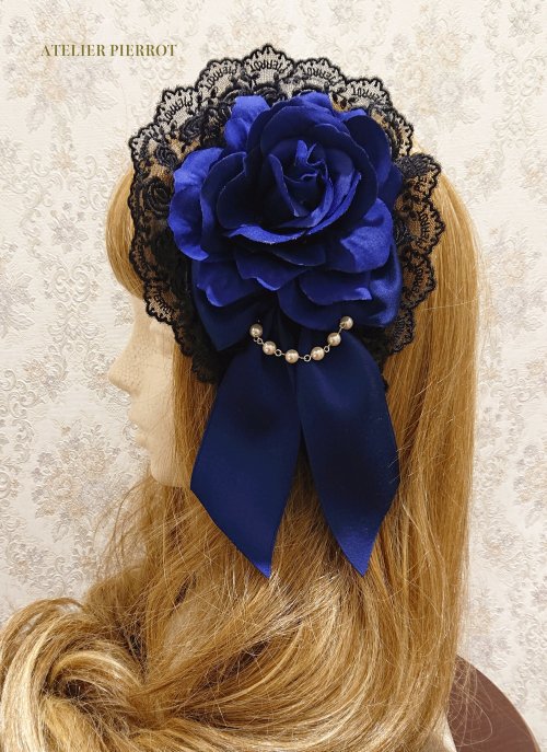 【ATELIER PIERROT】アトリエピエロ 薔薇レースカチューシャ 黒×青薔薇