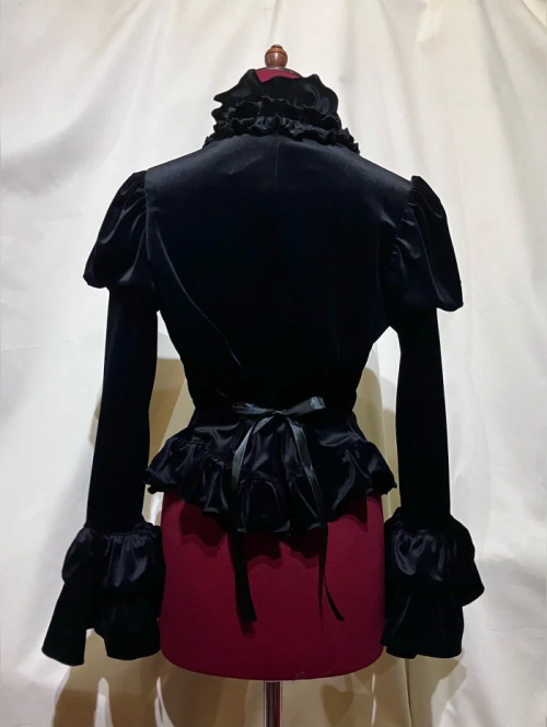 【MARBLE】マーブル フルブレームパフスリーブカーディガン:黒ベロア