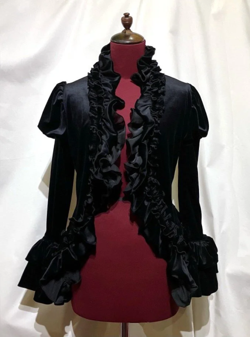 【MARBLE】マーブル フルブレームパフスリーブカーディガン:黒ベロア