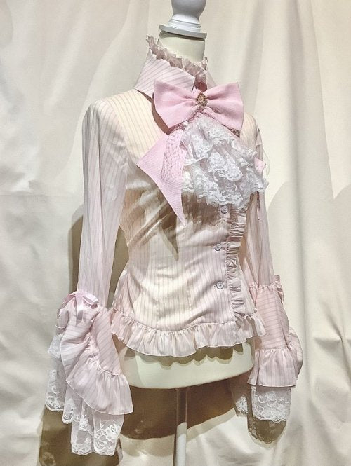 【MARBLE】マーブル 別タイ付きクラシカルデコレーションブラウス:ピンクストライプ×ピンク×白レース