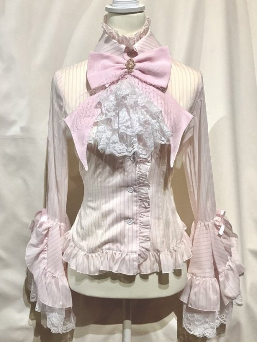 【MARBLE】マーブル 別タイ付きクラシカルデコレーションブラウス:ピンクストライプ×ピンク×白レース