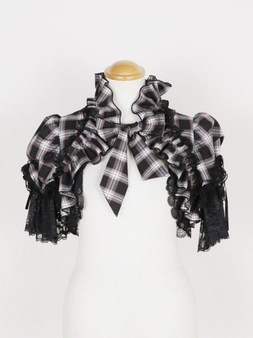 【MARBLE】マーブル パフスリーブショートボレロ:黒赤チェック×黒レース