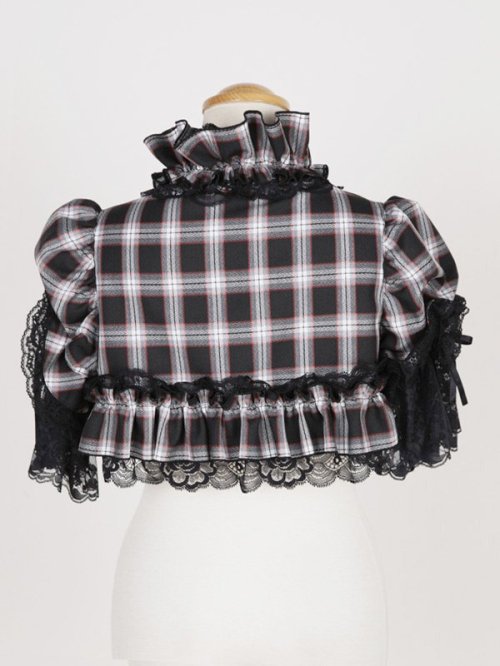 【MARBLE】マーブル パフスリーブショートボレロ:黒赤チェック×黒レース