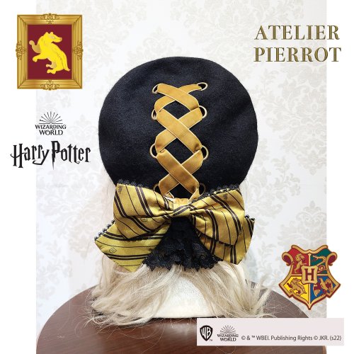【ATELIER PIERROT】ハリー・ポッター リボンブローチ付きレースアップベレー帽 ハッフルパフ