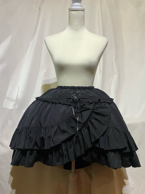 【MARBLE】マーブル 編み上げ巻きフリルスカート:黒