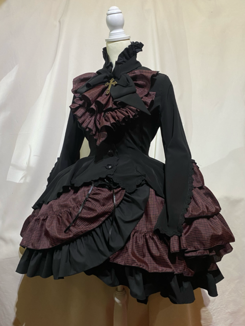 【MARBLE】マーブル 編み上げ巻きフリルスカート:黒赤チェック