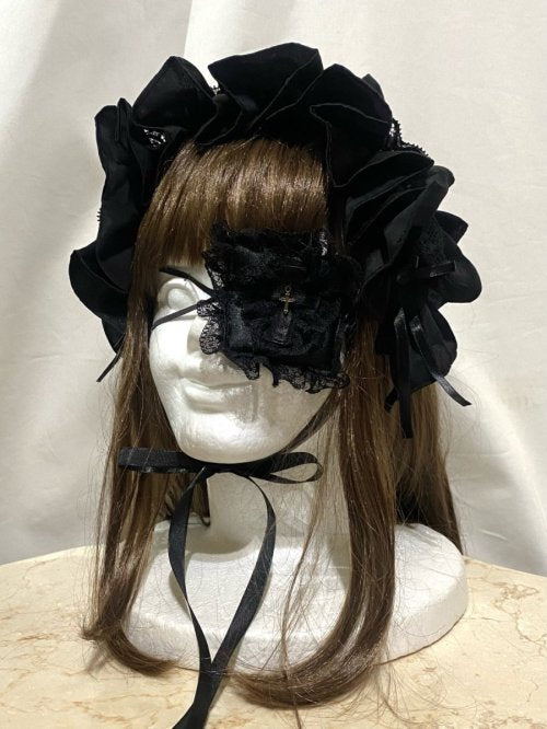 【MARBLE】マーブル 十字架付きリバーシブルアイパッチ(眼帯):黒×赤地黒ゴシック柄×銅古美十字架