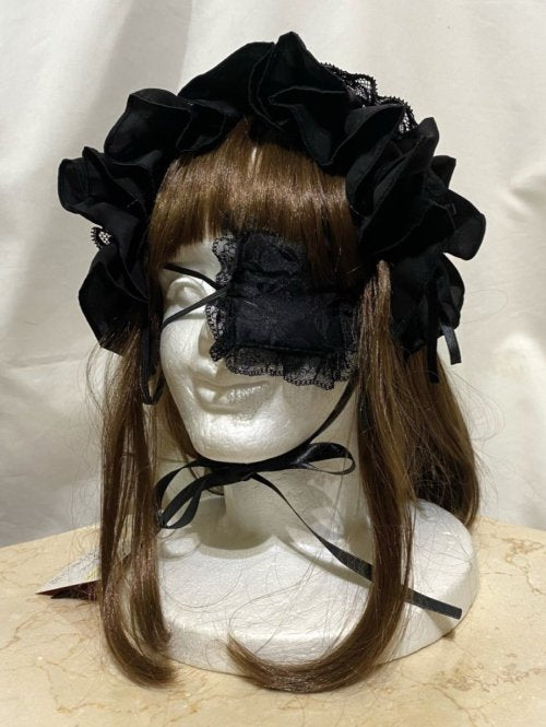 【MARBLE】マーブル 十字架付きリバーシブルアイパッチ(眼帯):黒×黒花柄サテン×銅古美十字架