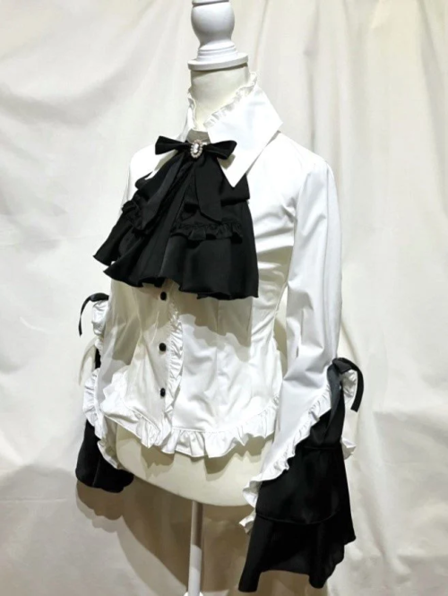 【MARBLE】マーブル カメオタイ付き後編み上げブラウス:白黒フリル-メンズLL