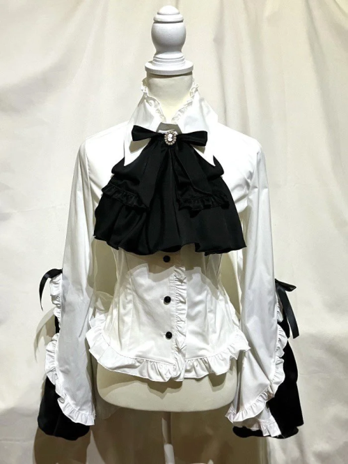 【MARBLE】マーブル カメオタイ付き後編み上げブラウス:白黒フリル-メンズLL