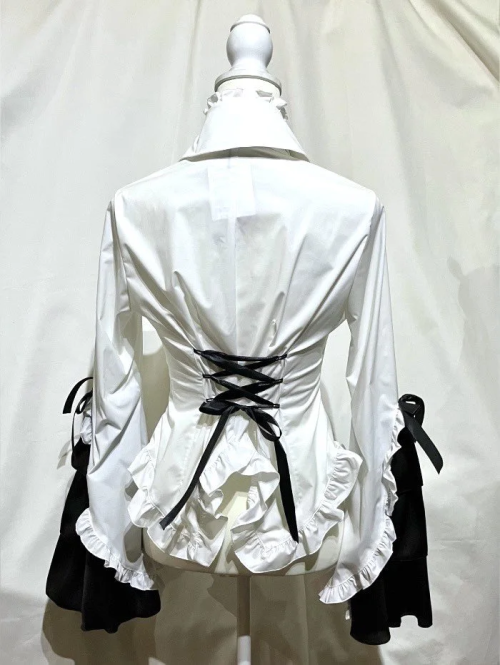 【MARBLE】マーブル カメオタイ付き後編み上げブラウス:白黒フリル-メンズLL