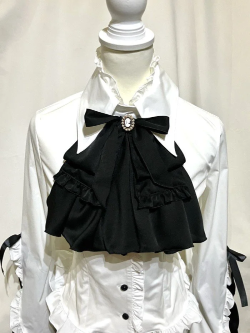 【MARBLE】マーブル カメオタイ付き後編み上げブラウス:白黒フリル-メンズLL