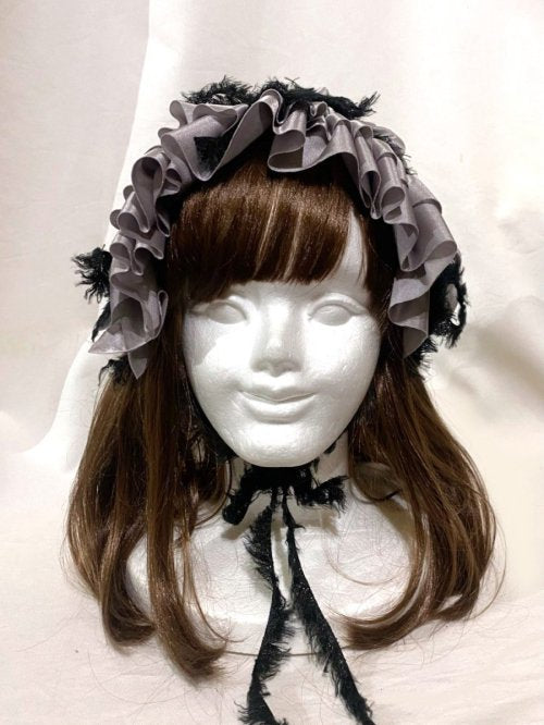 【MARBLE】マーブル フリンジリボンフリルヘッドドレス グレー