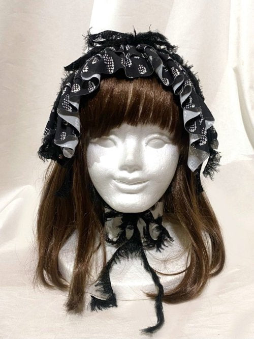 【MARBLE】マーブル フリンジリボンフリルヘッドドレス 黒地白柄