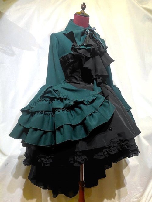 【MARBLE】マーブル ドレープタイ付きゴシックエレガンスブラウスワンピース:グリーン×黒