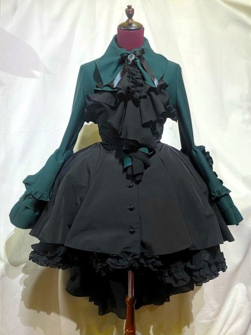 【MARBLE】マーブル ドレープタイ付きゴシックエレガンスブラウスワンピース:グリーン×黒