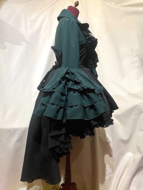 【MARBLE】マーブル ドレープタイ付きゴシックエレガンスブラウスワンピース:グリーン×黒