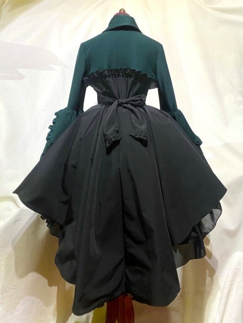 【MARBLE】マーブル ドレープタイ付きゴシックエレガンスブラウスワンピース:グリーン×黒