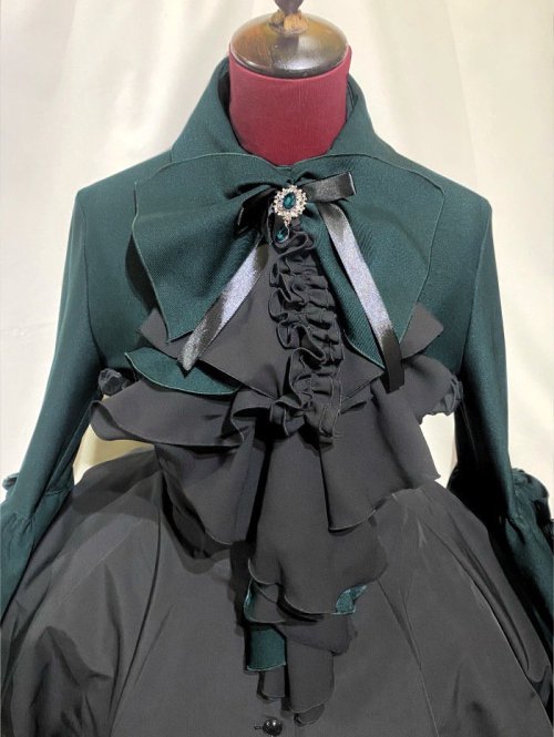 【MARBLE】マーブル ドレープタイ付きゴシックエレガンスブラウスワンピース:グリーン×黒