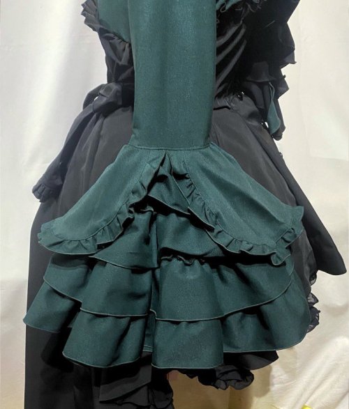 【MARBLE】マーブル ドレープタイ付きゴシックエレガンスブラウスワンピース:グリーン×黒