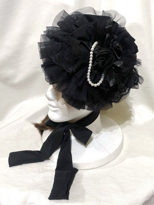 【MARBLE】マーブル パール付きロマンティックボンネット:黒×黒バラ×黒フリル×黒レース×白パール