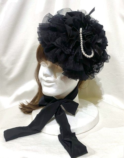 【MARBLE】マーブル パール付きロマンティックボンネット:黒×黒バラ×黒フリル×黒レース×白パール