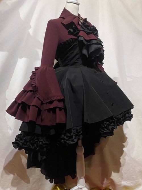 【MARBLE】マーブル ドレープタイ付きゴシックエレガンスブラウスワンピース:ボルドー×黒