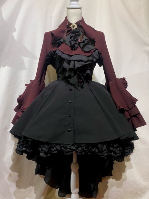 【MARBLE】マーブル ドレープタイ付きゴシックエレガンスブラウスワンピース:ボルドー×黒