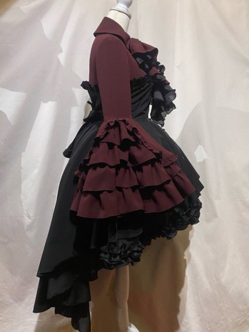 【MARBLE】マーブル ドレープタイ付きゴシックエレガンスブラウスワンピース:ボルドー×黒