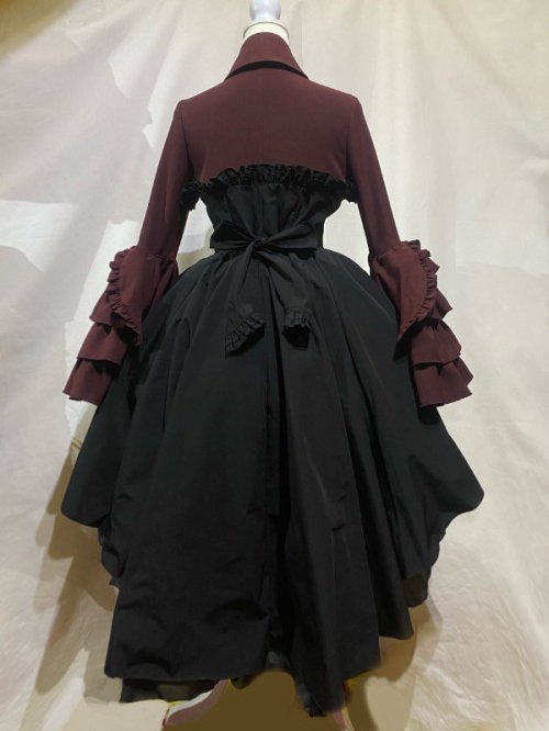 【MARBLE】マーブル ドレープタイ付きゴシックエレガンスブラウスワンピース:ボルドー×黒