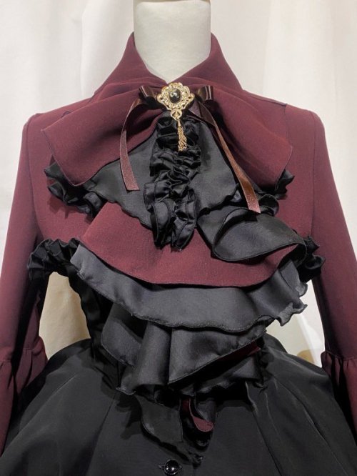 【MARBLE】マーブル ドレープタイ付きゴシックエレガンスブラウスワンピース:ボルドー×黒